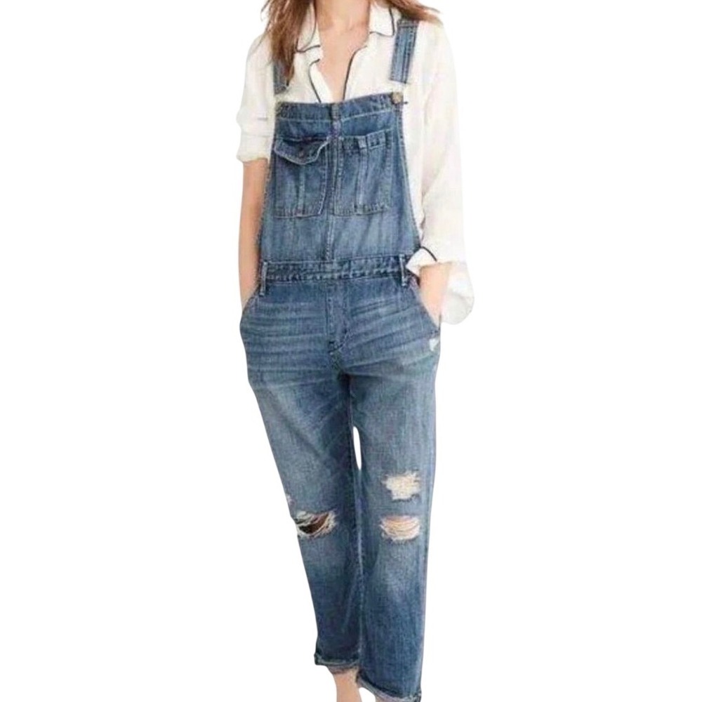 Abercrombie & Fitch Denim Overalls Size Medium Blue Excellent Distressed Raw Hem
